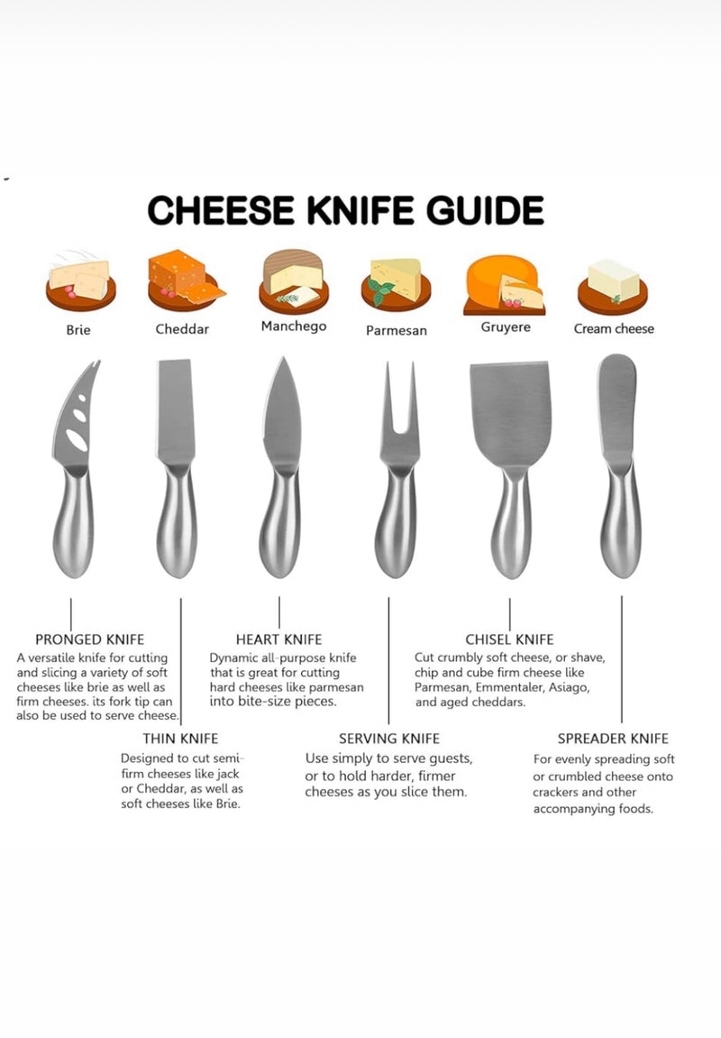 Six different cheese, knives, and what to use them for