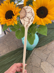 Beautiful, long handled wooden spoons, hand designed and hand engraved with sunflower